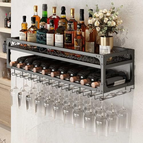 Portabottiglie in Metallo da Appendere al Muro, portabicchieri da Vino con Ripiani, Ripiani da Bar durevoli per Bottiglie di liquore, salvaspazio, per Cucina, Soggiorno, Bar, casa