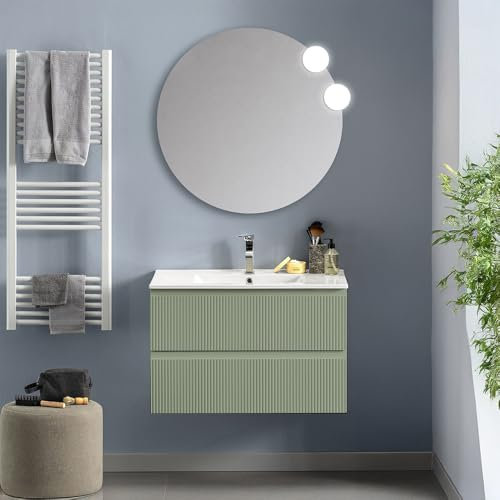 Inbagno Mobile bagno sospeso 80 cm verde salvia cannettato con 2 cassetti, lavabo in ceramica e specchio tondo 80 cm, GIAVA
