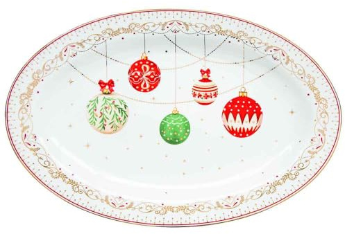 Easy Life Vassoio di natale ovale in porcellana con palline natalizie, Christmas Eve 35x23.5 cm