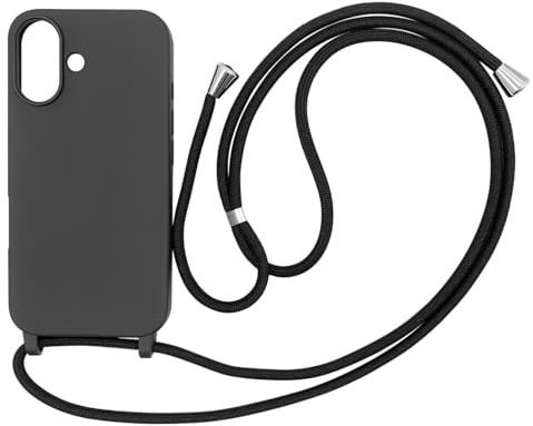 Ququcheng Cover Compatible con iPhone 16(6.1),Cellulare Girocollo Custodia con Cordino TPU corda Silicone Case Bumper per iPhone 16(6.1) Custodia-Nero