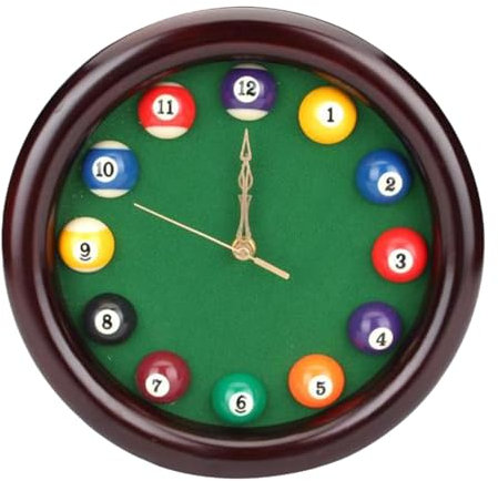 Fenteer Billard-Poolkugel-Wanduhr, Billardtischuhr, modern, mit Massivholzrahmen, kreativ, rund, 10 Zoll, für Snooker-Spiel, Poolhalle