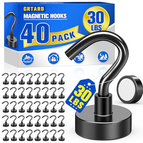 Grtard 40 Pack Black Magnetic Hooks, 30LBS Neodymium Magnet Hooks Heavy Duty, Strong Magnetic Hooks for Hanging, Magnets with Hooks for Fridge, Cruise Cabin, Home, Kitchen, Workplace, Office