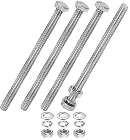 M METERXITY 4-Pack Hex Head Screw Bolt with Nuts Flat & Lock Washers M8x120mm Stainless Steel Bolts and Nuts Kit Fully Threaded Metric Bolt Assortment for Equipment/Machinery