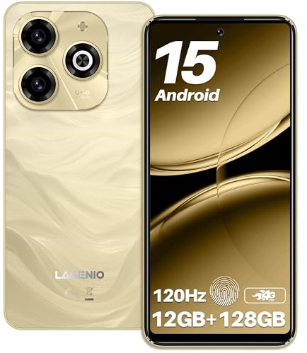 LAGENIO A11 Smartphone Ohne Vertrag Android 15, 120Hz Octa-Core, 12GB+128GB/1TB TF Handy Günstig, 5150mAh Akku 13MP AI Kamera Simlockfreie Handy, 4G Dual SIM/Face ID/GPS-Gold
