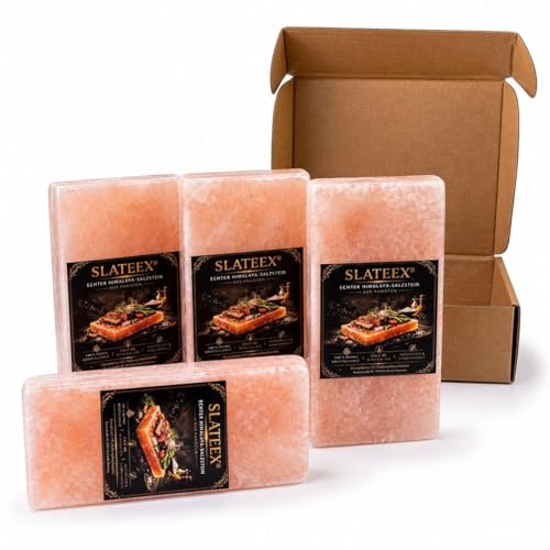 Slateex Confezione da 4 pietre salate dell'Himalaya, 20 x 10 x 2,5 cm, piastre in sale naturale, ideali per grigliate e servire, senza prodotti chimici, per uso alimentare