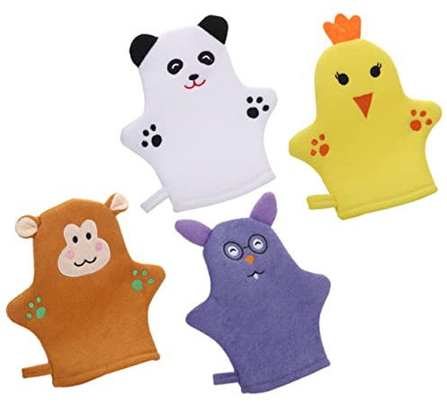CLISPEED 4pièces Moufles de Bain pour Garçon Fille Motifs Animaux Adorables Exfoliants pour Corps Accessoires de Bain Légers et Compacts