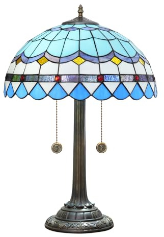 Retro Table Lamp 16 Inch Stained Glass Lampshade with Resin Base Mediterranean Baroque Rose Dragonfly Sunflower Table Light Bedroom Bedside Nightstand Study Office Lighting,Blue