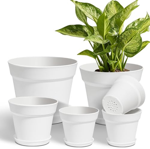 T4U Plastblomkrukor med underlägg, uppsättning av 6 plastytterkrukor med flera dropphål, rund planteringskruka för inomhus och balkong suckulent kaktus, vit