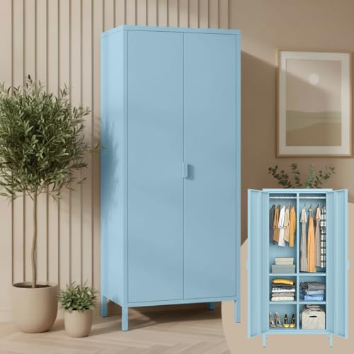 skølm Ituri Metallschrank, Kleiderschrank 80 cm breit, Blau, mit 6 Fächern | 2 Kleiderstangen, Garderobenschrank, Schlafzimmerschrank im Industrial Style, Stahlschrank für Wohnzimmer & Büro, Flurschrank