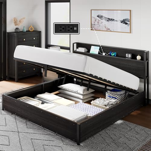 LUXOAK Cama con Almacenamiento Elevable 160 x 200 cm, Estructura de Cama Plataforma de Madera con Sistema Hidráulico, Espacio de Almacenaje y Estación de Carga, Sin colchónSilenciosa, Negro