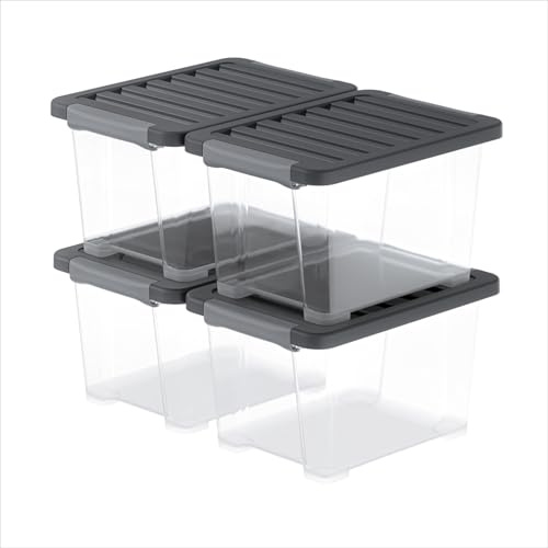 Rotho CORE Pro cajas almacenaje 4 x 15 L y cajas organizadoras con tapa | Contenedores apilables de 39,3x28,3x23 cm, cierre de seguridad con sello y código QR para gestión digital mediante App