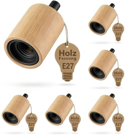 ledscom.de 6x E27 Lampenfassung KIVO aus Echtholz, Zugentlastung, DIY Pendelleuchten-Fassung, 230V AC, max. 60W