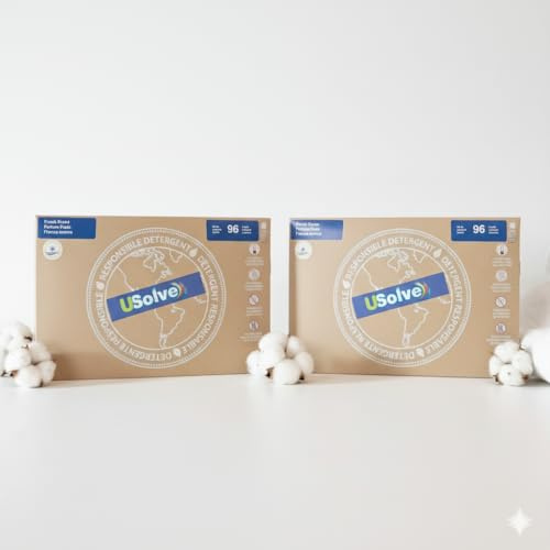 Usolve, lessive en feuille 96 Lavages,| Format pré-dosé, sans plastique | 100% hydrosoluble, facile à utiliser et ranger Hypoallergénique | jusqu'à 96 lavages, Parfum frais (frais)