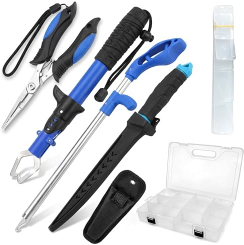 Angelzubehör Set mit Angelbox,Angelzange,Angelmesser,Fischgreifer und Hakenlöser,6 Sets Multifunktionale Angel Werkzeug Set für Süß & Salzwasserangeln,Perfektes Angeln Zubehör für Anfänger & Profis