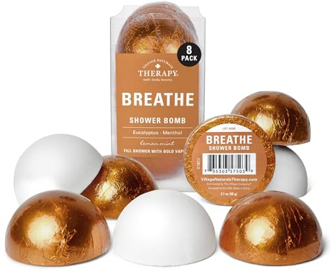 Village Naturals Therapy Breathe Shower Bomb Steamers, Soothing Scent, Eucalyptus and Menthol, 60 g, Pack of 8