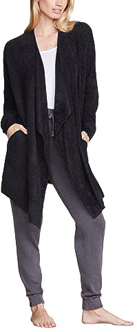 Barefoot Dreams® CozyChic® Lite Island Wrap Cardigan for Women, Lightweight Soft Knit Drape-Front Sweaters for Women with Pockets, Travel-Friendly Layering Piece, Machine Washable, Black, L/XL
