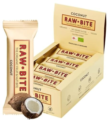 RAWBITE COCONUT in der 12er Box - Vegan, glutenfrei & ohne Zuckerzusatz (enthält von Natur aus Zucker) – Bio Frucht-Nuss-Riegel mit Kokos (12 x 50 g)