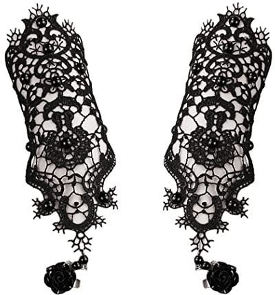 Juland Fingerlose Spitzenhandschuhe Frauen gotische Blumenspitze Steampunk-Armbandring Imitation Pearl Handmade Lace Up Handschuhe Braut Armband Ring Set - 1 Paar - Schwarz