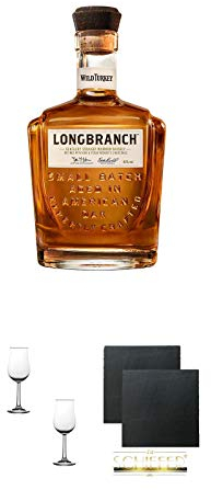 Wild Turkey Longbranch Kentucky Straight Whiskey 1,0 Liter + Nosing Gläser Kelchglas Bugatti mit Eichstrich 2cl und 4cl - 2 Stück + Schiefer Glasuntersetzer eckig ca. 9,5 cm Ø 2 Stück