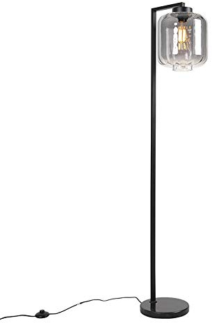Qazqa Design Stehleuchte, Stehlampe - Qara - Schwarz mit Rauchglas, max. 60W, Geeignet für LED, 153cm, Ideal als Wohnzimmerlampe