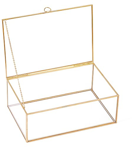 HCENJOC Goldene Vintage-Schmuckschatulle mit Glasdeckel, rechteckig, für Schmuck, Ringe, Armbänder, Heimdekoration (26,8 x 17,8 x 10,2 cm)