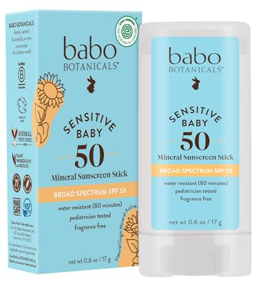 Babo Botanicals Sensitive Baby Mineral Sunscreen Stick SPF 50 - 70% Organic Ingredients - Zinc Oxide - NSF & MADE SAFE and EWG Certified - Water Resistant - Fragrance-Free - Babies & Kids