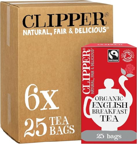 Clipper Organic Fairtrade English Breakfast Black Tea 6 x 25 Teabags | Organic Fairtrade English Breafast Black Tea, Bulk Catering Pack, Natural, Unbleached & Biodegradable Sustainable Teabags