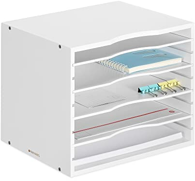 Navaris Dokumentenablage Briefablage Bambus - 33x26x24,5cm Schreibtisch Organizer - Holz Ablage 5 Ablagefächer - Ablagesystem für u.a. Büro - Weiß