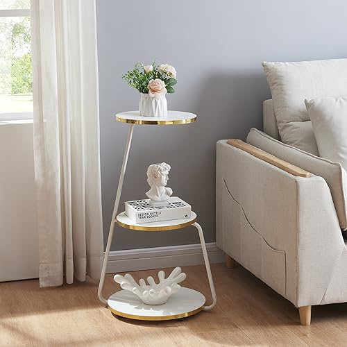 [en.casa] Beistelltisch Sipoo 3 Ebenen 3-stufiger Sofatisch Kaffetisch Couchtisch mit 3 Ablageflächen 74x46x37cm Weiß/Goldfarben