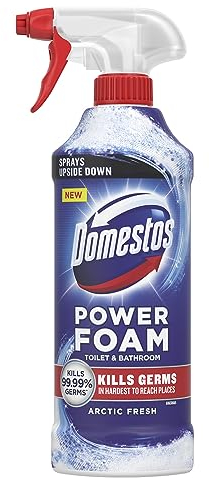 Domestos Power Foam Arctic Fresh Toilet & Bathroom Cleaner Spray sprays upside down & eliminates 99.99% of germs* for cleaning inside the toilet & around the bathroom 450 ml