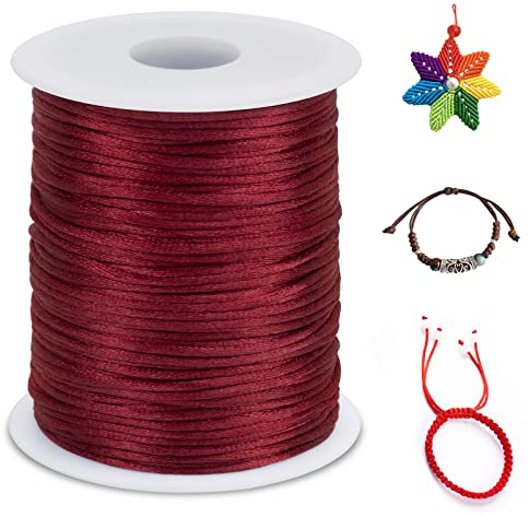 LEREATI Cola de Raton 2.5mm x 100m Cuerda Nylon Cordón de Satén Nailon, Hilo Macrame para Hacer Pulseras, Reborde, Joyería, Anudado Chino (Rojo Vino)