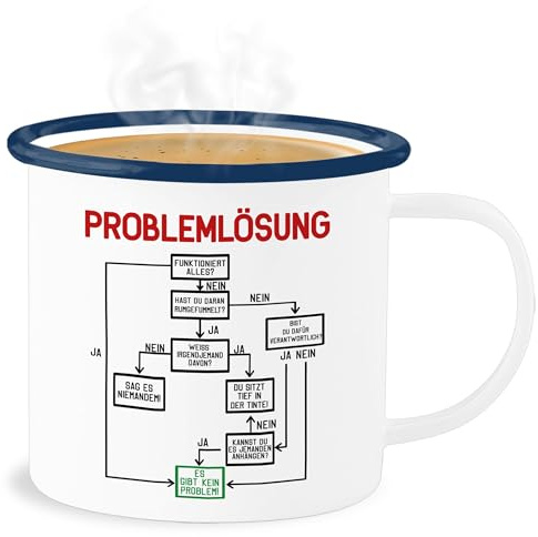 Emaille Becher Blechbecher - Statement - Tasse Problemlösung I Bürotassen I Witzig Tasse mit Spruch Lustig Arbeit Sprüche I Arbeitskollege I Job I Büro - 300 ml - Weiß Blau - statements kollege
