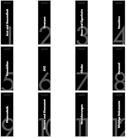 12er Komplett-Set Rückenschilder für DIN A4 Ordner, beschriftete Einsteckschilder im Format 53 x 186 mm, passend für 8 cm Ordner mit Einstecktaschen