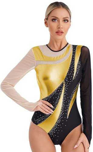 MSemis Damen Ballettbody Langarm Glänzend Strass Tanzbody Gymnastik Trikot Turn-Leotard Turnanzug Akrobatik Anzug Eiskunstlauf Tanzkleidung