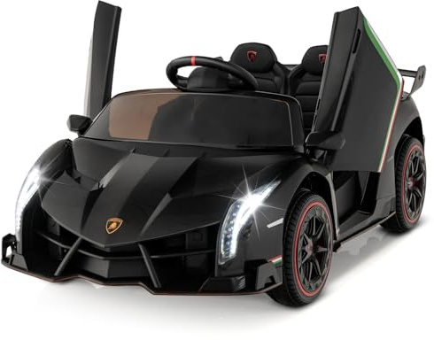 GYMAX Auto Elettrica Lamborghini, Macchina Giocattolo a Trazione Integrale con Telecomando, Luci LED, Funzione USB & MP3 & Dondolo, Veicolo per Bambini 3-8 Anni, Velocità 3-6 KM/H (Nero)