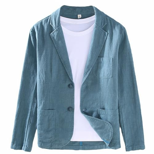 GIBZ Blazers de Lino Hombre Chaqueta de Traje Estilo Sencillo Suelto Color Sólido Solapa 2 Botones Blazer Abrigo Deportivo con Bolsillo Azul L