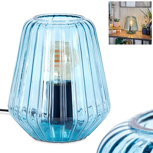 HOFSTEIN Tischleuchte Telhais, Tischlampe aus Metall/Glas in Schwarz/Blau, Leuchte im modernen Vintage/Retro-Design mit Schirm aus Glas Ø 17cm u. An/-Auschalter am Kabel, E27, Wohnzimmer, Schlafzimmer