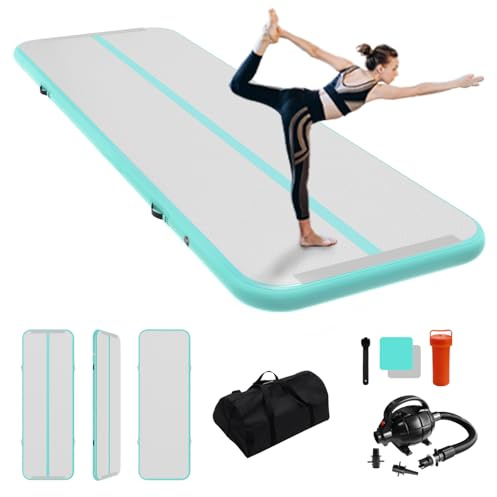 Colchoneta inflable para gimnasio, 2 x 1 x 0,1 m, con bomba de aire, para casa, animadoras, agua, verde menta