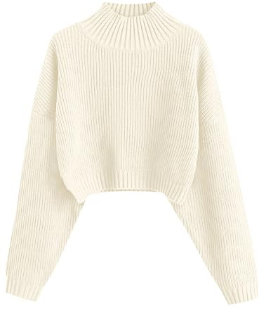 ZAFUL Women's Cropped Turtleneck Sweater Lantern Sleeve Ribbed Knit Pullover Sweater Jumper (0-White, Large)