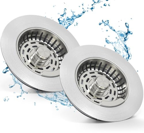 Semour 3 in 1 Kitchen Sink Drain Strainer, 304 Stainless Steel Kitchen Sink Stopper, Pop Up Kitchen Sink Strainer, Fast Drainage Anti-Clogging Sink Plug for US Standard 3-1/2 Inch Drain(2Pack)