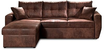 Bestmobilier Astoria - 4-Sitzer Ecksofa beidseitig montierbar - mit Schlaffunktion und Bettkasten - Industrieller Stil Braun
