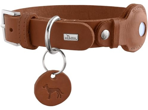 HUNTER Viborg Hundehalsband | Robustes & weiches Rindsleder, integrierte AirTag-Halterung, hochwertig, Made in Germany, Farbe: Cognac, Größe: 45