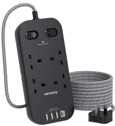 Black Extension Lead, Extension Cable with 4 Way Outlets 4 USB Slots(1 USB C), Surge Protected Extension Cord with Double Switches, Plug Extension Socket 1.8M for Home Office Travel Accessories