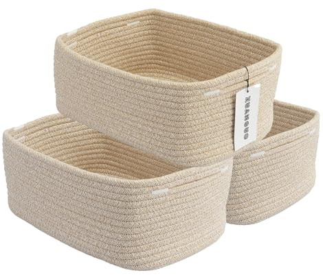 XUANGUO Small Woven Storage Baskets 12“X8”X5“ Decorative Rope Bins for Organizing Shelves, Closets, and Toys, Empty Gift Baskets, Cute Organizer Basket for Home and Office (oatmeal, regular)