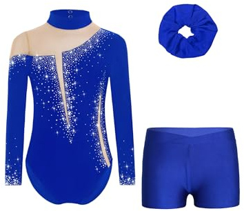 Nyeemya Kinder Mädchen Turnanzug Strass Glänzend Ballettanzug Langarm Gymnastikbody Tanzbody Mit Stretch Shorts Haarband Turnen Outfit Set B Königsblau 122-128