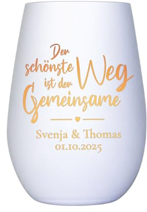 Glas Windlicht zur Hochzeit, Kerzenhalter mit Gravur Gemeinsamer Weg, Personalisiertes Teelicht in Weiß Bronze fürs Brautpaar, Hochzeitskerze, Kerzen Windlicht zum Jahrestag