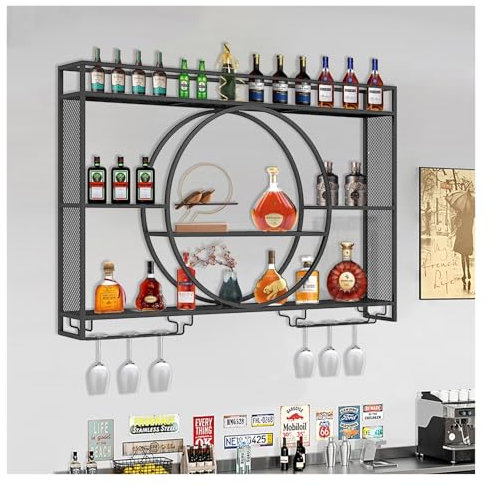 ZYYLIVR Botellero Industrial Montado En La Pared, Botellero Vino Pared Para Vinoteca, Estante De Vino De Pared Con Luz LED, Soporte Para Botellas De Metal, Para Cocina Bodega Bar(Black,120 * 15 * 80)