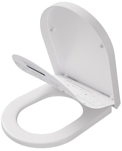 CECIPA Tapa WC Universal Forma de D, Asiento de Inodoro de Cierre Suave, Tapa Inodoro en Duroplast incl. Plantilla de Instalación para Montaje Fácil, Antibacteriana, Color Inalterable, Blanco