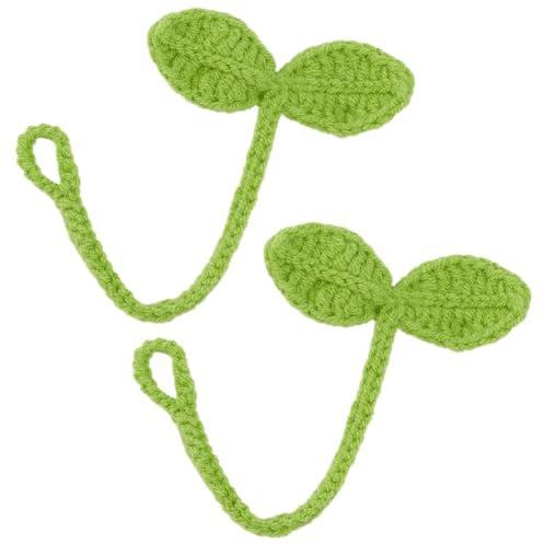 CRASPIRE 2Pcs Green Cute Knitted Crochet Leaf Sprout Handmade Headphone Accessories Headset Attachment Hanging Pendant Decorations Cable Tie Crafts Knitting Plant for Diy Bookmark Book Lovers Gifts