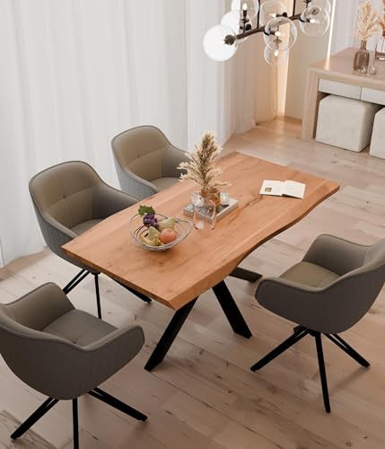 Linele® Essgruppe Baumkantentisch mit 4 Stühlen, Grau, 160 x 85 cm | Massivholz Akazienholz, Spider-Gestell, 360° drehbare Stühle, Samtbezug, PVC-frei & OEKO-TEX® zertifiziert
